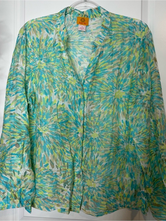 Ruby Rd. Tops - Ruby Rd. Green Teal Floral Button-Front Women's sheer blouse tropical sheer 16
